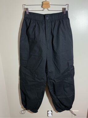 Black Nylon Parachute Cargo Pants Baggy Drawstring Hem Utility Gorpcore